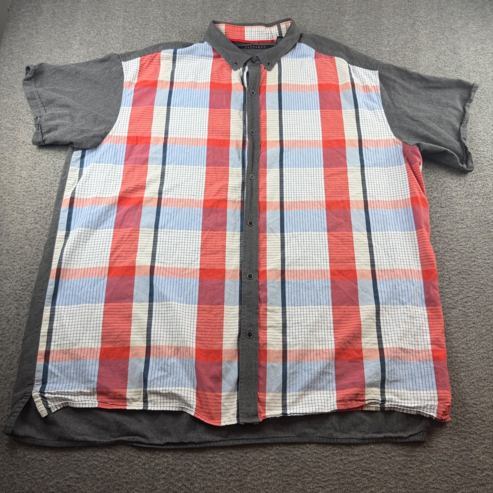 Sean John Button Down Shirt Men's 3XB Grey‎ Red Plaid Colorblock Short Sleeve